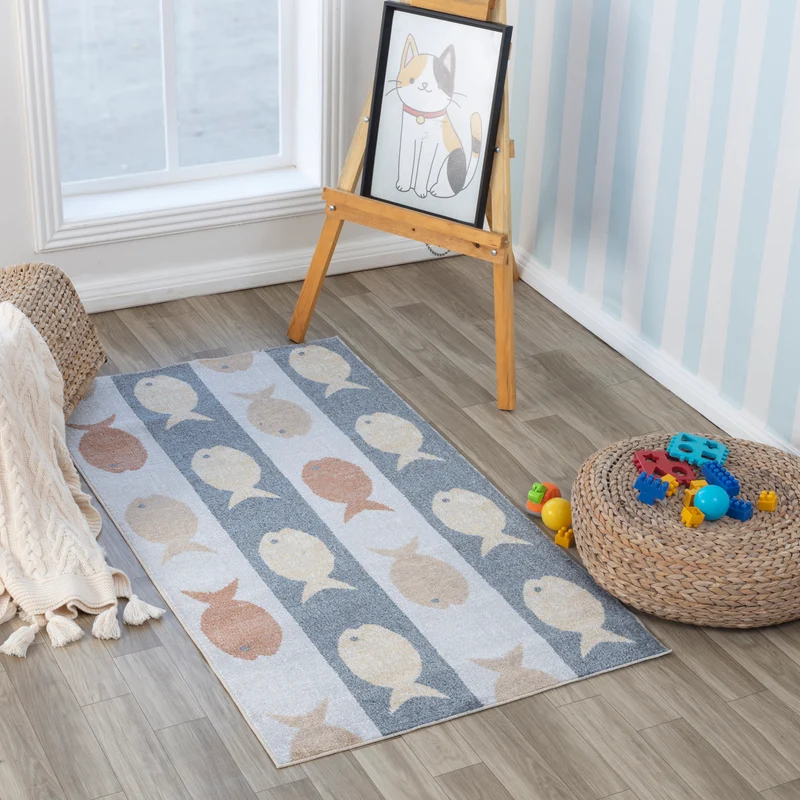 Tapis Enfant Lavable en Machine Poissons Beige/Gris/Orange Pekin