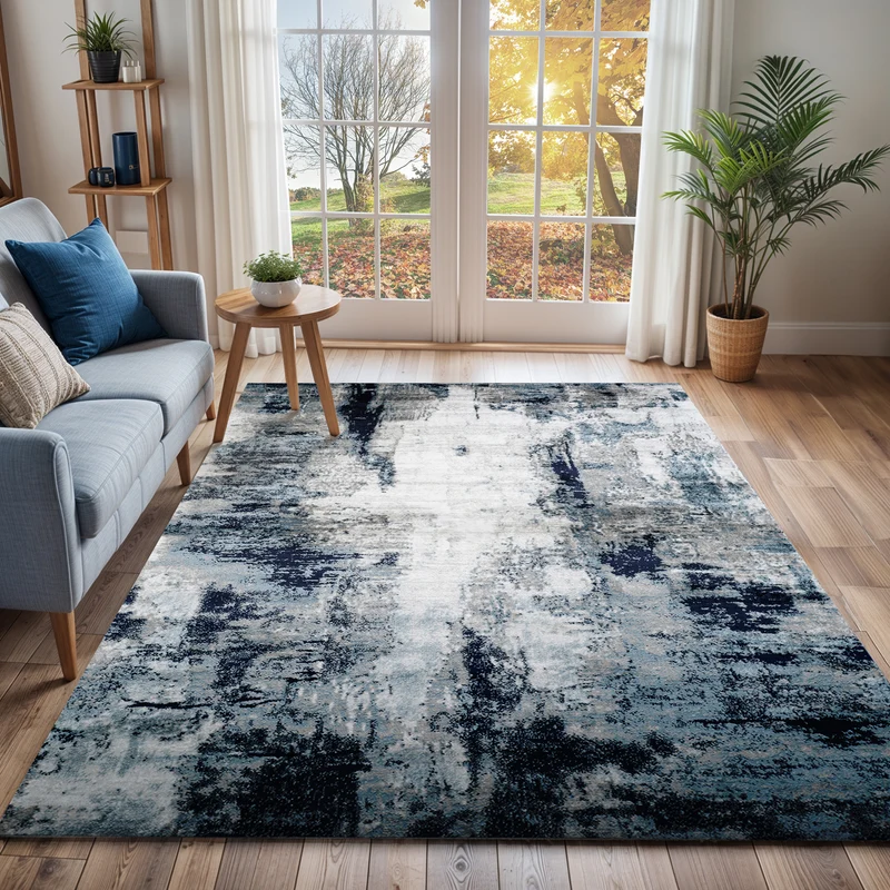 Tapis Abstrait Moderne Bleu/Blanc/Gris Helsinki