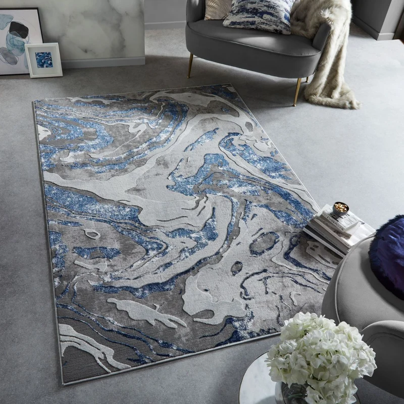 Tapis style effet marbre Bleu