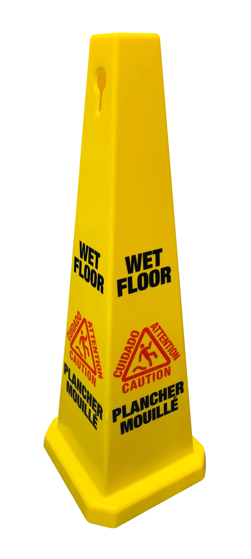 Écriteau bilingue 36'' de forme conique "ATTENTION PLANCHER MOUILLÉ" - imprimé des 4 cotés - jaune - hauteur 91,4 cm