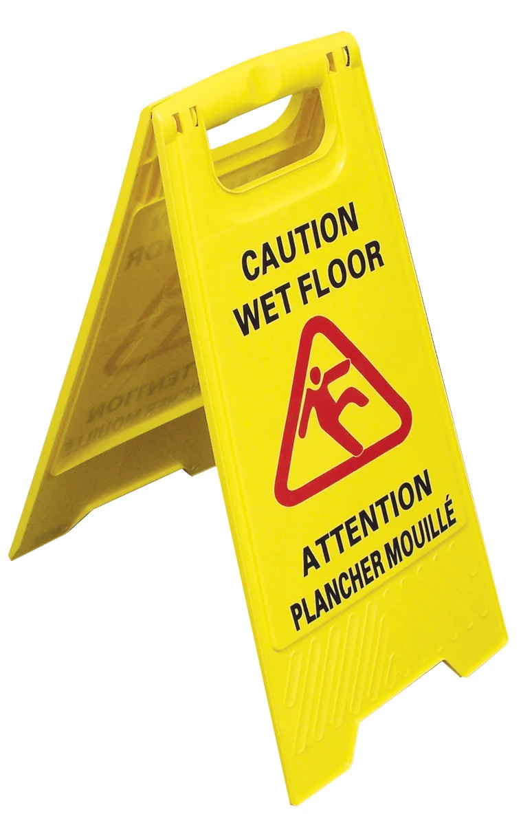 Écriteau bilingue "ATTENTION PLANCHER MOUILLÉ" - imprimé de chaque côté - jaune