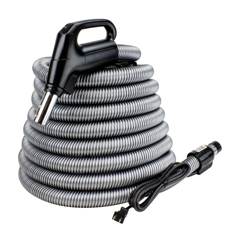Boyau électrique pour aspirateur central - poignée pompe à gaz - marche/arrêt - compatible balai électrique - bouton-barrure - Plastiflex - Argent - 30' à 35'