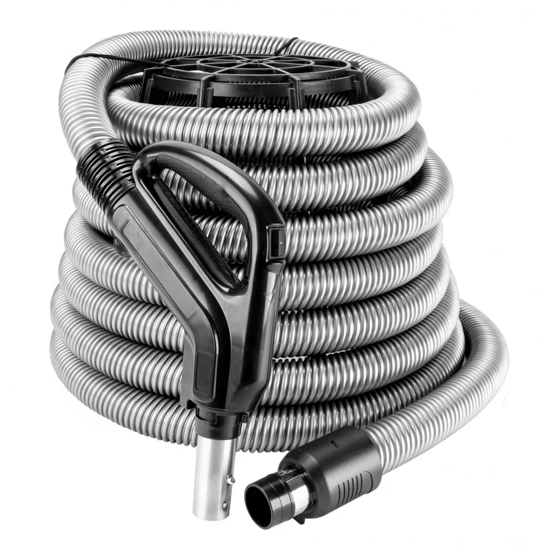 Boyau pour aspirateur central - poignée ergonomique - 360° - bouton marche/arrêt - bouton barrure - Argent - 30' à 50'