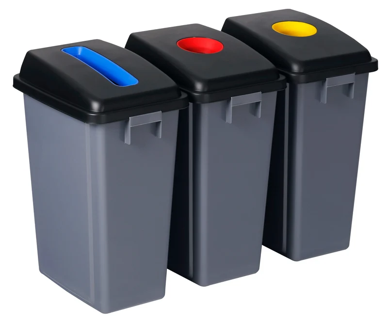 Station de recyclage - 3 poubelles - tri par couleur - capacité de 13,2 gal (60 L) chacune - grise