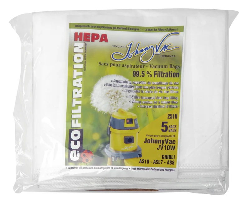 Sac microfiltre HEPA pour aspirateur Johnny Vac modèles JV10W et Ghibli AS10, ASL7, AS8 - paquet de 5 sacs