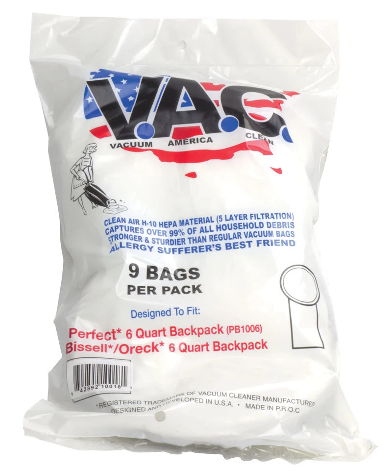 Sac microfiltre HEPA pour aspirateur dorsal - Perfect PB1006 - Bissel 6 litres - Oreck 6 litres - paquet de 9 sacs - Vac19