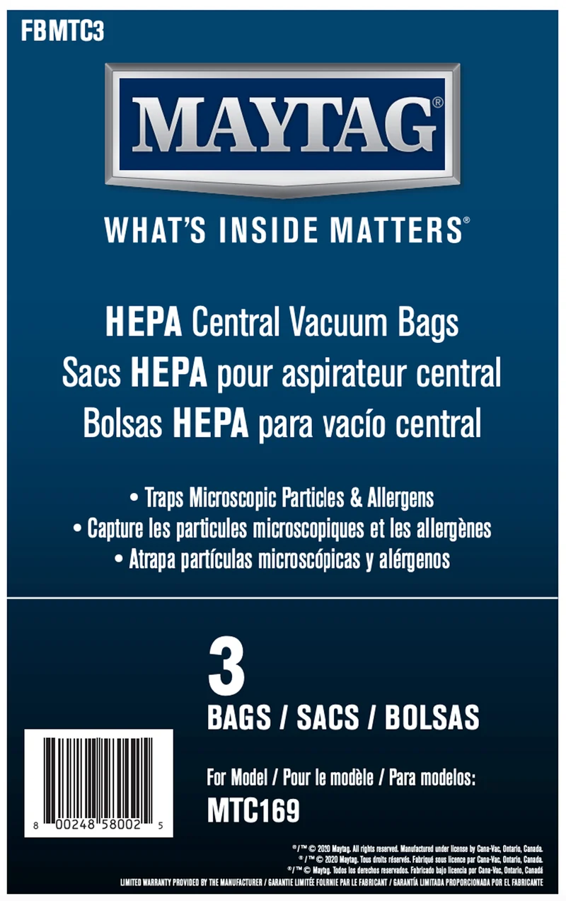 Sacs microfiltre HEPA pour aspirateur central Maytag® conçu pour MTC169 - paquet de 3 sacs - Maytag FBMTC3